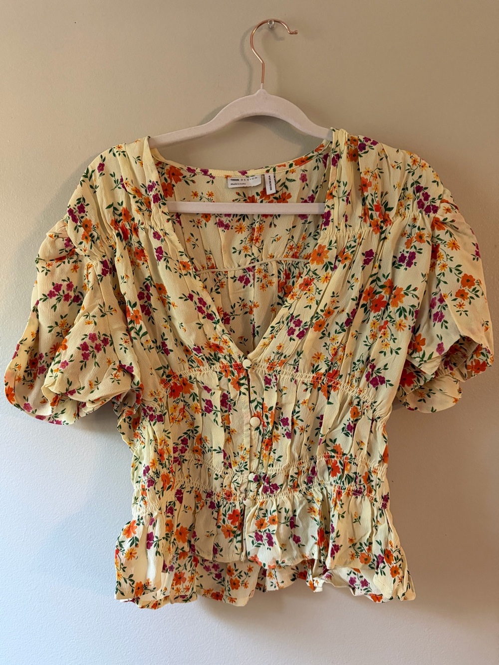 ASOS- Floral V-Neck Peplum Blouse in Yellow